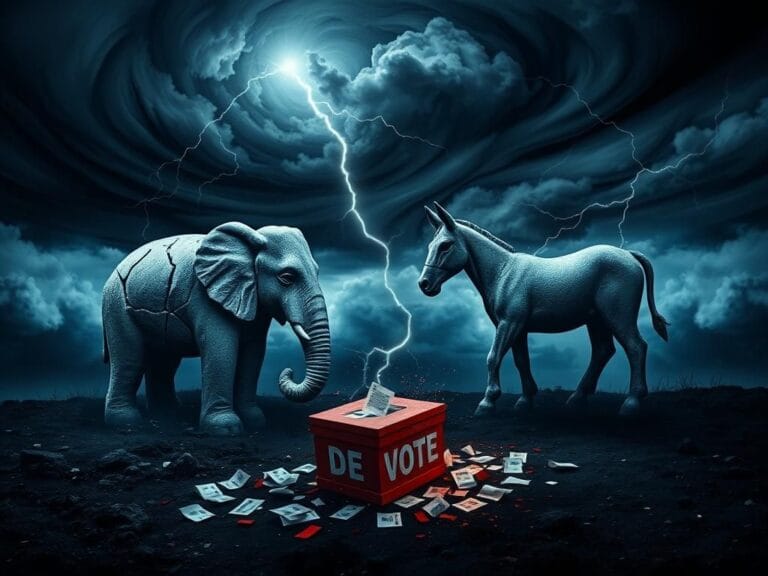 Flick International A cracked Republican elephant and a dilapidated Democratic donkey symbolizing a divided political landscape