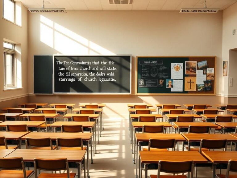 Flick International Empty classroom with desks organized and a chalkboard displaying the Ten Commandments