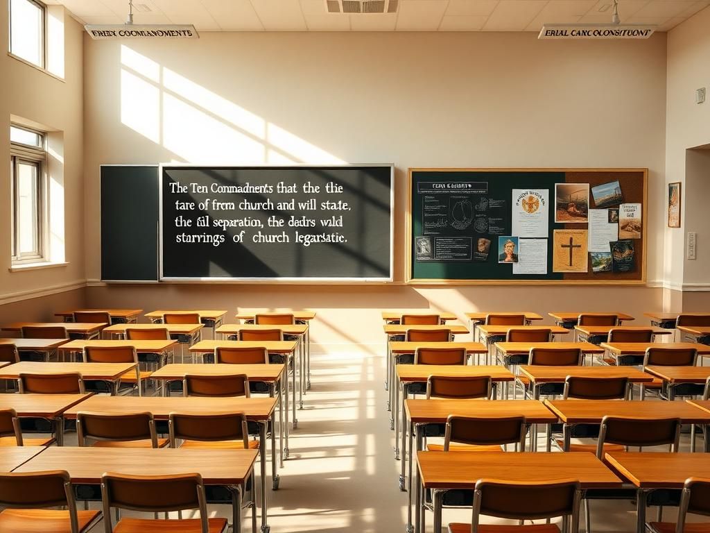 Flick International Empty classroom with desks organized and a chalkboard displaying the Ten Commandments