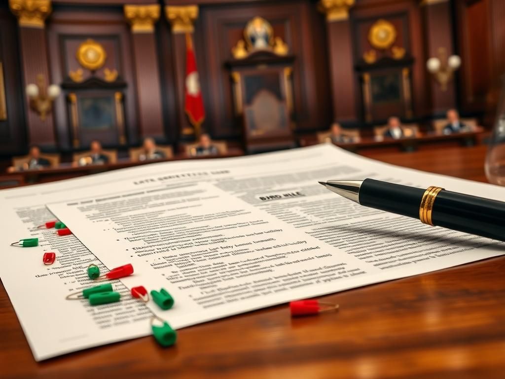 Flick International Close-up of a large legislative document on a polished wooden table, highlighting the 'Byrd Rule' section