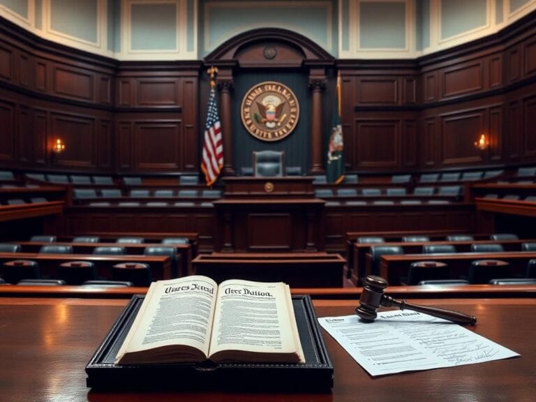 Flick International Interior view of a legislative chamber with empty seats and a large podium