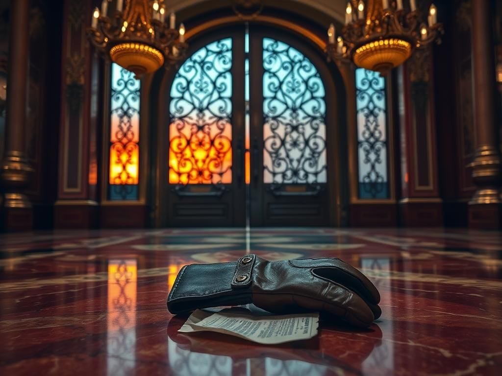 Flick International A battered leather glove and crumpled battery citation on the polished marble floor of The Venetian Resort, Las Vegas.