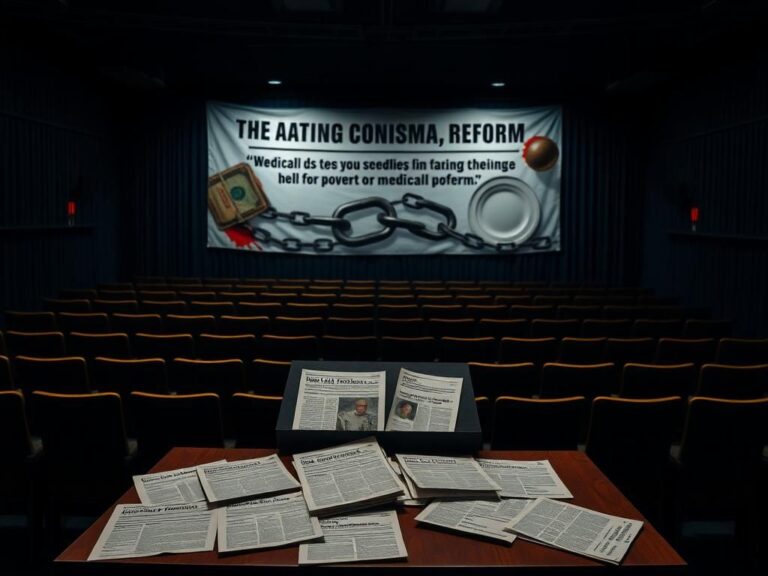 Flick International Dimly lit town hall meeting space with empty chairs and podium representing political tension