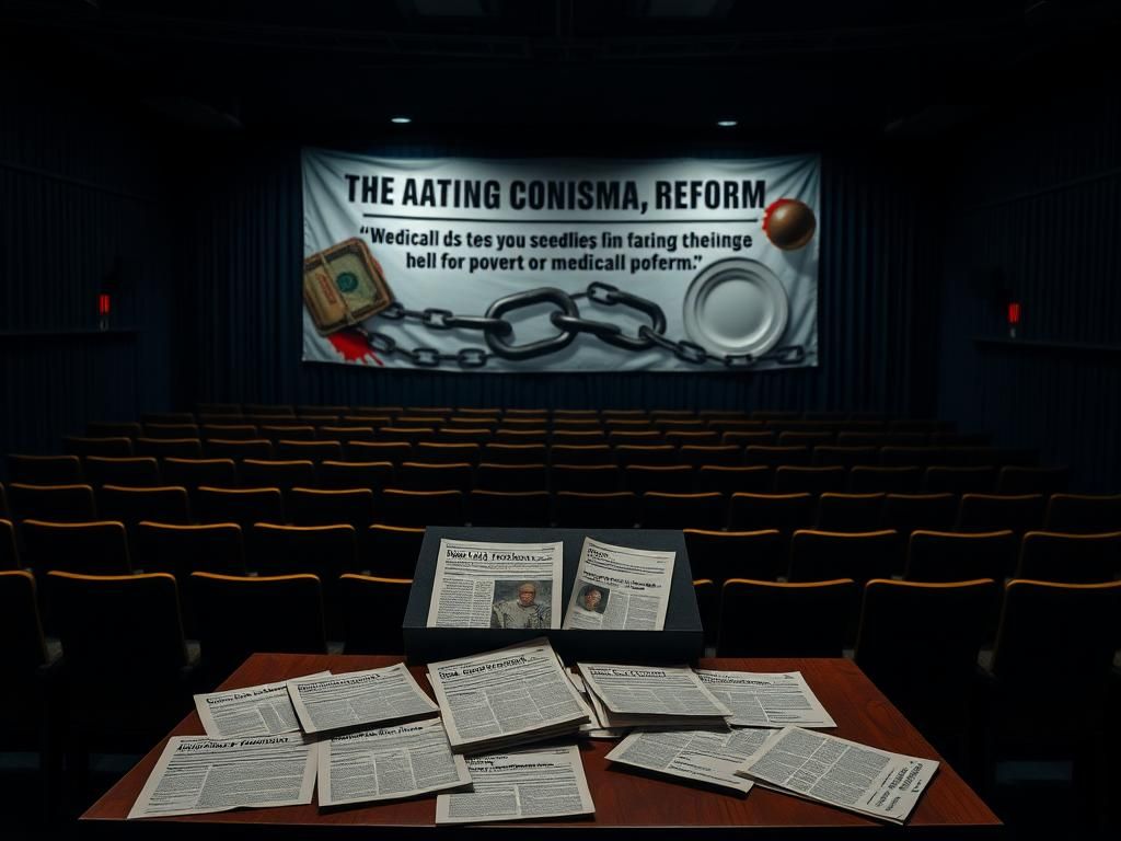 Flick International Dimly lit town hall meeting space with empty chairs and podium representing political tension