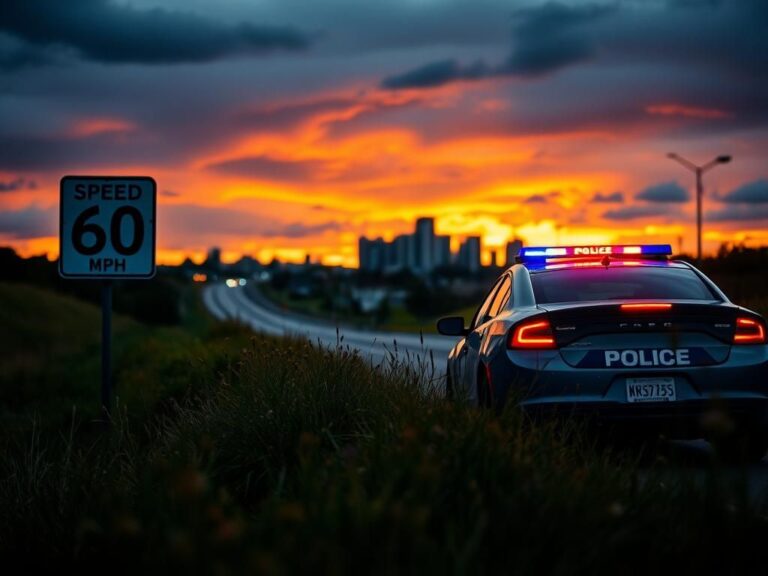 Flick International Police car on roadside with flashing lights near speed limit sign indicating 60 mph