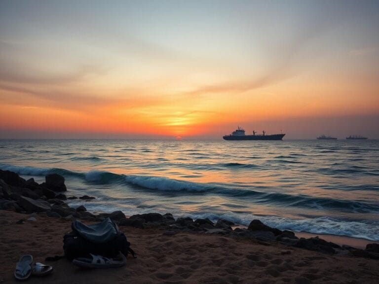 Flick International Peaceful sunset over the Israeli coastline with abandoned belongings symbolizing evacuation urgency