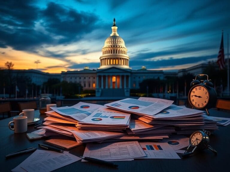 Flick International Bustling U.S. Capitol building at dusk with legislative documents on a table
