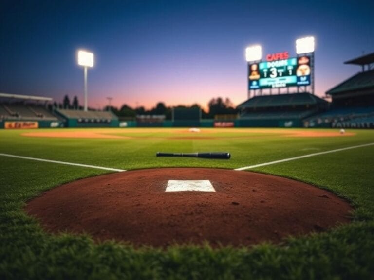 Flick International Twilight scene of a baseball diamond with an empty home plate and pitcher's mound, hinting at tension.