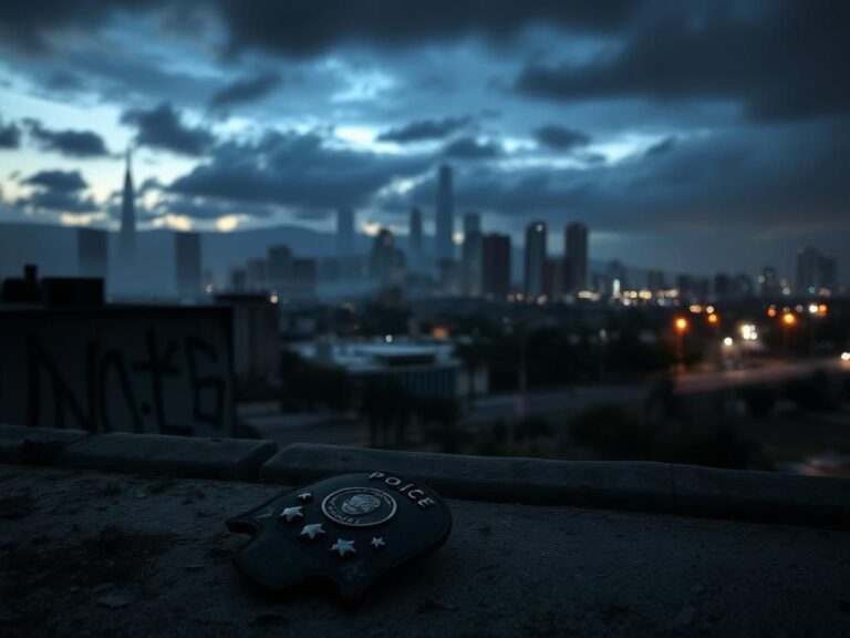 Flick International Dimly lit Los Angeles skyline at dusk with abandoned police badge
