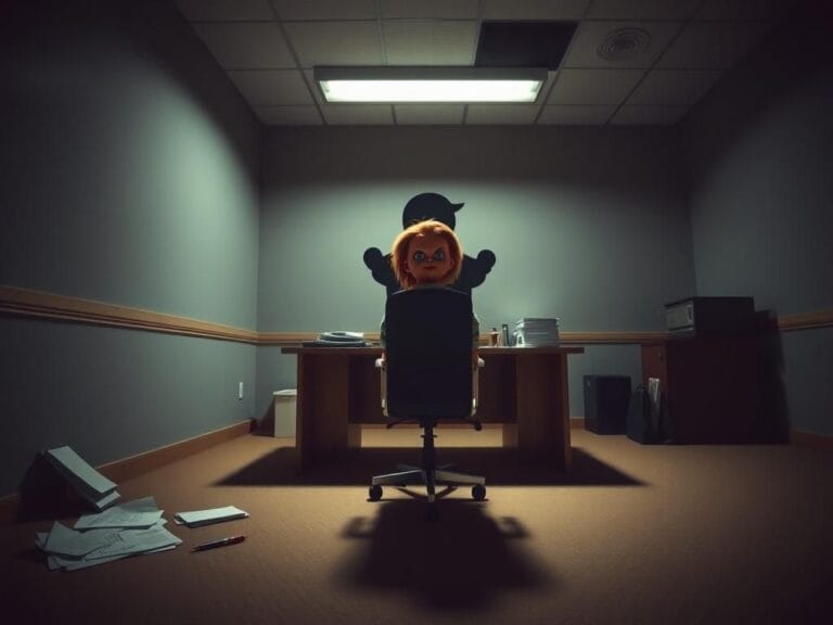 Flick International A menacing Chucky doll perched on an empty bank office chair in a dimly lit environment.