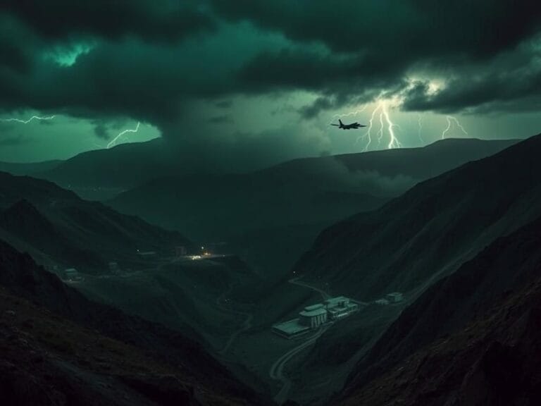 Flick International Dramatic aerial view of the Fordow nuclear facility with camouflaged entrances in a mountainous landscape.