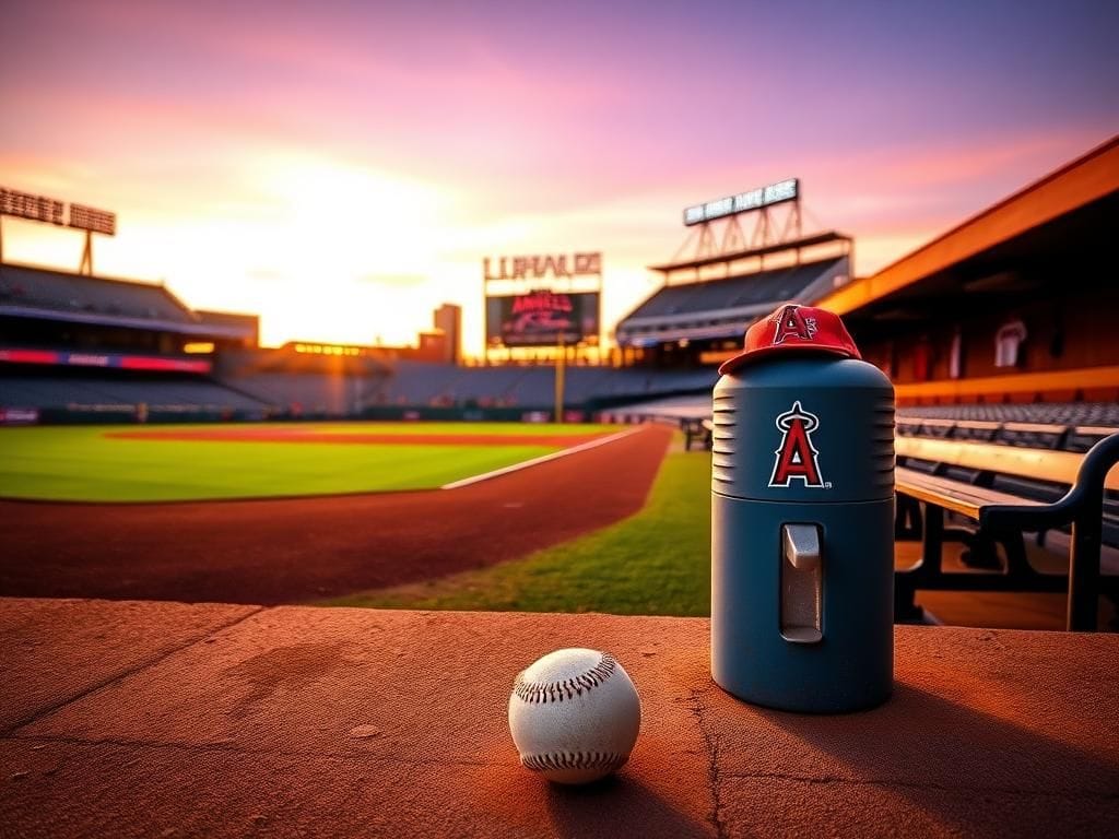 Flick International Empty baseball dugout at Angel Stadium with Los Angeles Angels memorabilia