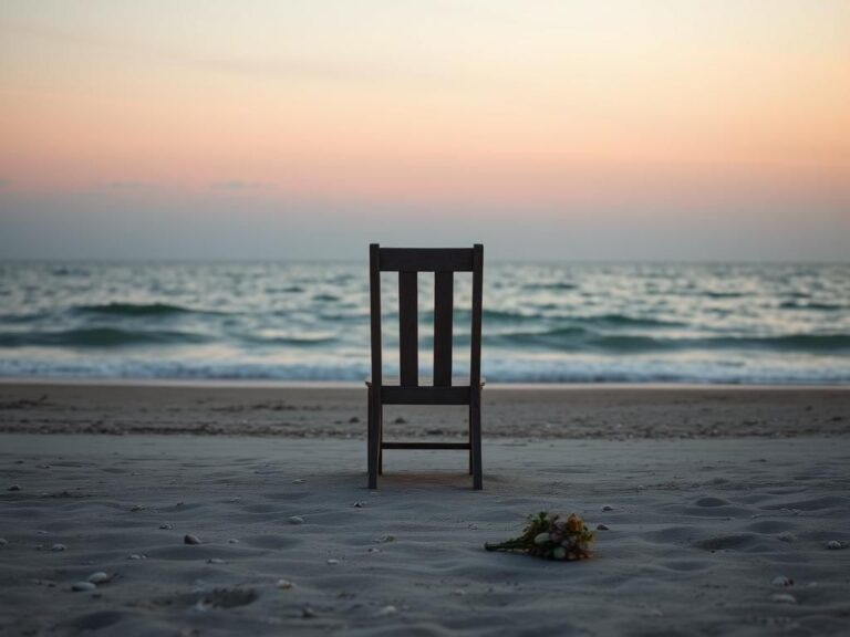 Flick International A serene beach at dawn with a weathered wooden chair and wilted flowers, symbolizing solitude and loss.