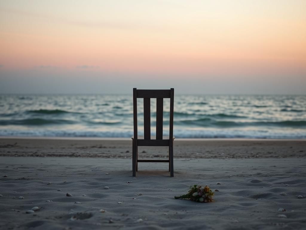 Flick International A serene beach at dawn with a weathered wooden chair and wilted flowers, symbolizing solitude and loss.