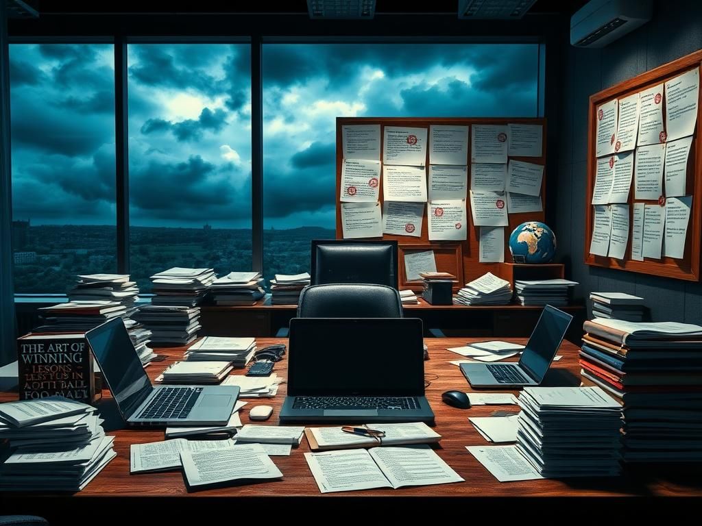 Flick International Dimly lit office space with stacks of papers and open laptops conveying a sense of tension and secrecy regarding the Bill Belichick drama