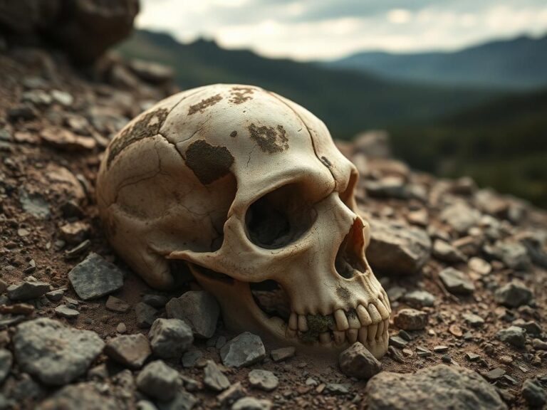 Flick International Close-up of a partially buried ancient human skull resembling the 'dragon man' in a rocky landscape of Heilongjiang province, China