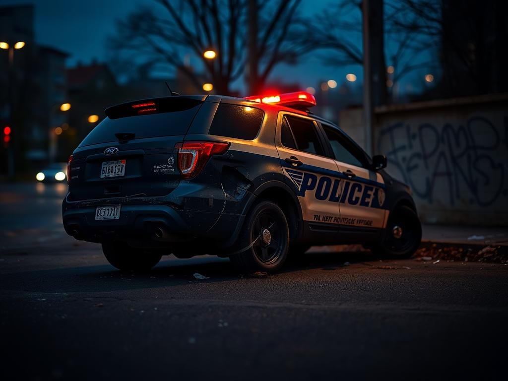 Flick International Distressed police vehicle with slashed tires parked near a graffiti wall