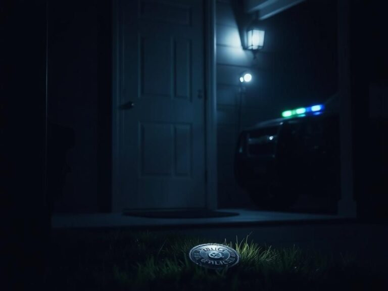 Flick International Dimly lit suburban front porch with a closed door, security chain, and a discarded police badge on the ground