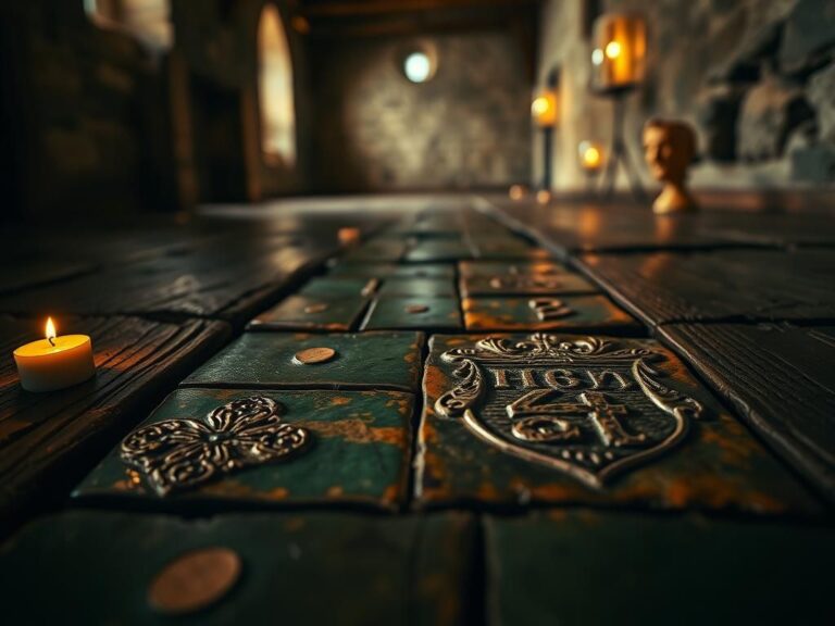 Flick International Close-up of 18th-century heraldic tiles embedded in a wooden floor of a historic monastery