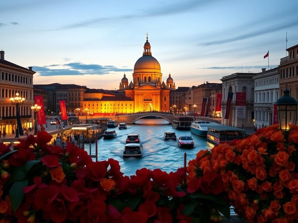 Flick International Twilight view of Venice showcasing the protests against Jeff Bezos and Lauren Sanchez's wedding