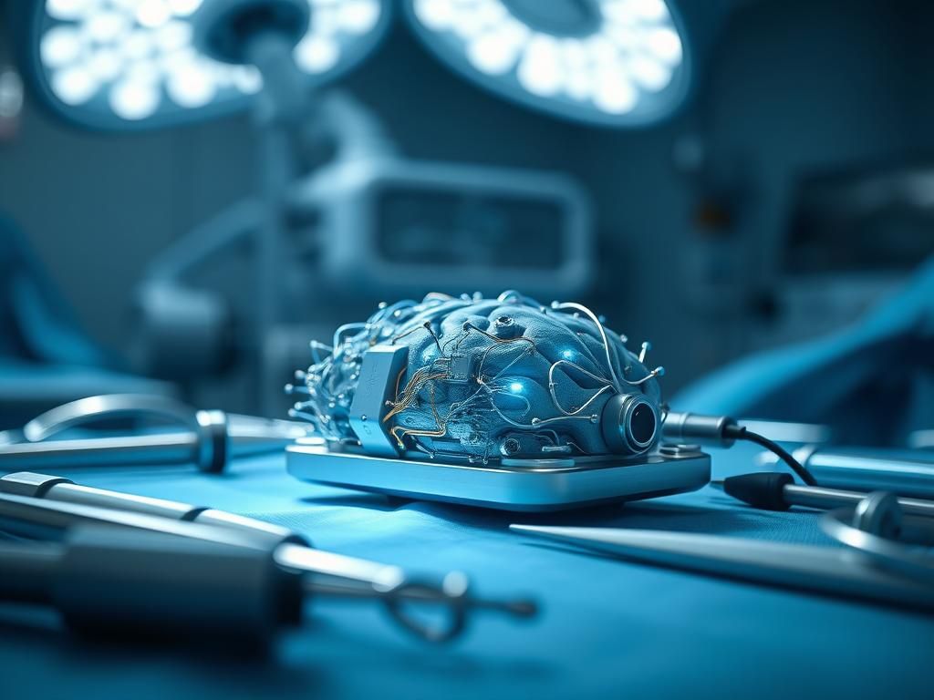 Flick International Close-up view of a futuristic brain-computer interface device on a surgical table