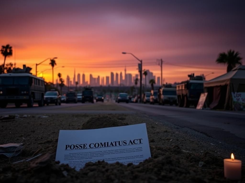 Flick International A quiet Los Angeles street with military vehicles and National Guard tents during sunset