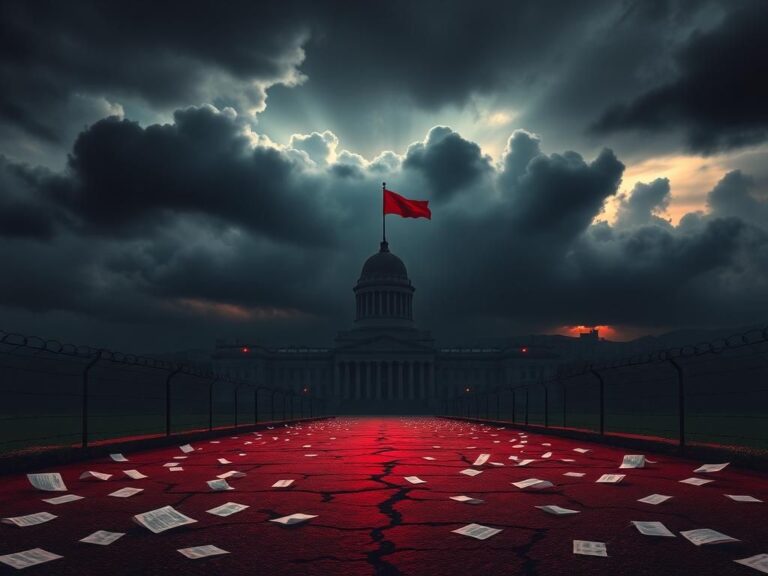 Flick International A darkened skyline of Tirana, Albania, with an imposing government building symbolizing autocratic rule and political turmoil.