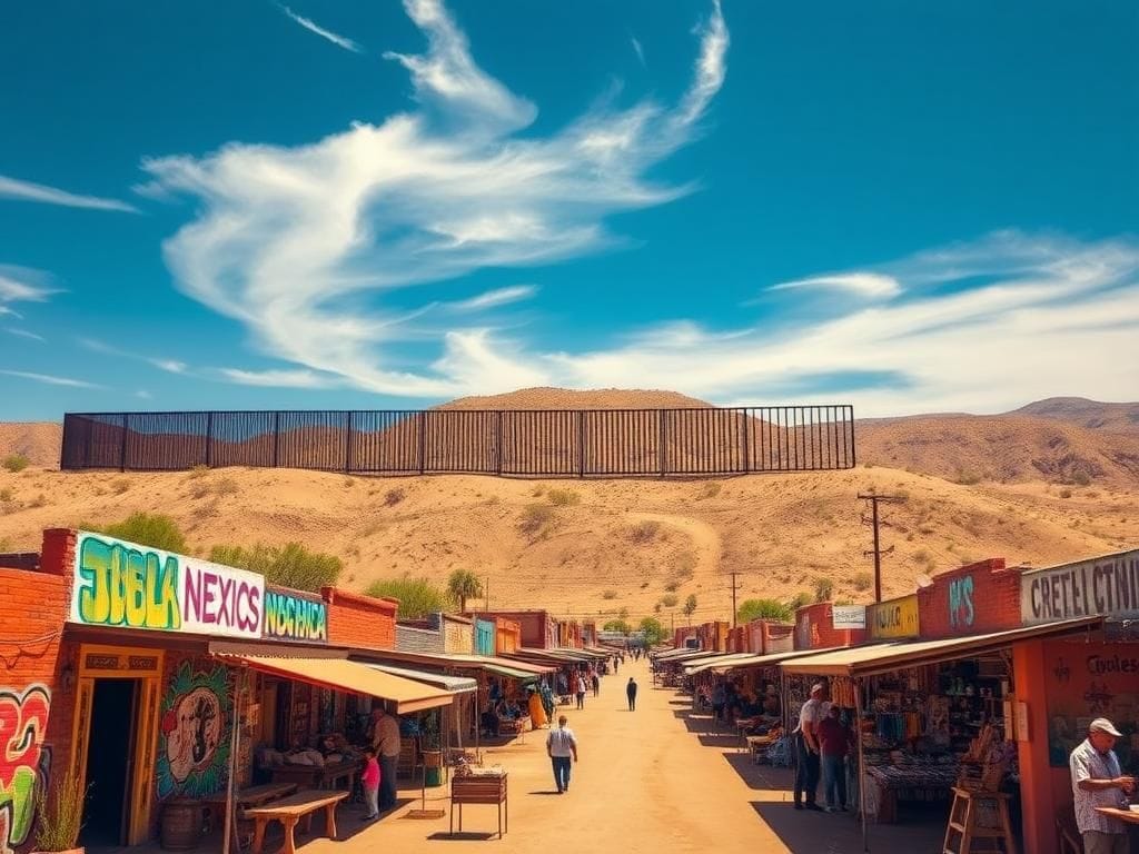 Flick International Vibrant desert scene in Nogales, Mexico, showcasing local marketplace and colorful street art with U.S.-Mexico border wall in the background