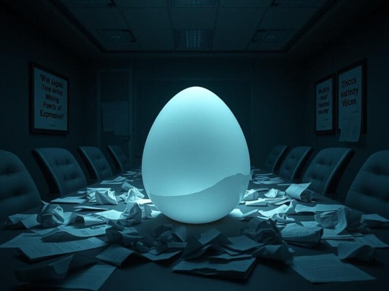 Flick International A somber conference room with a large egg shell symbolizing fear and self-censorship