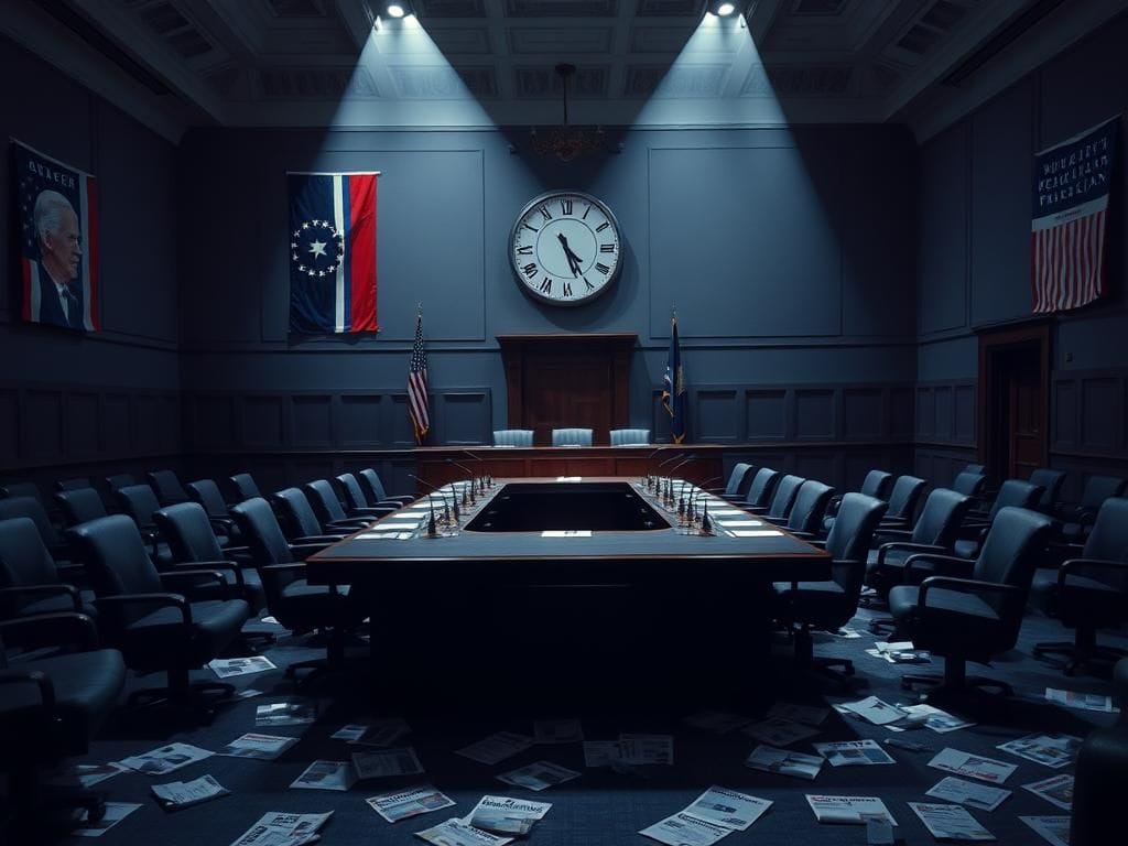 Flick International An empty Senate hearing room with a long wooden table set for a discussion on Biden's mental fitness