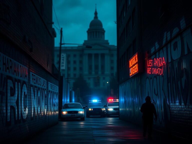 Flick International Dimly lit alleyway in Denver with graffiti reflecting anti-ICE sentiment