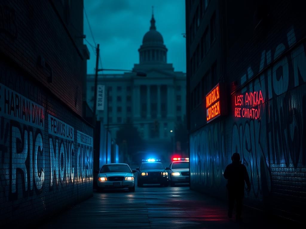 Flick International Dimly lit alleyway in Denver with graffiti reflecting anti-ICE sentiment