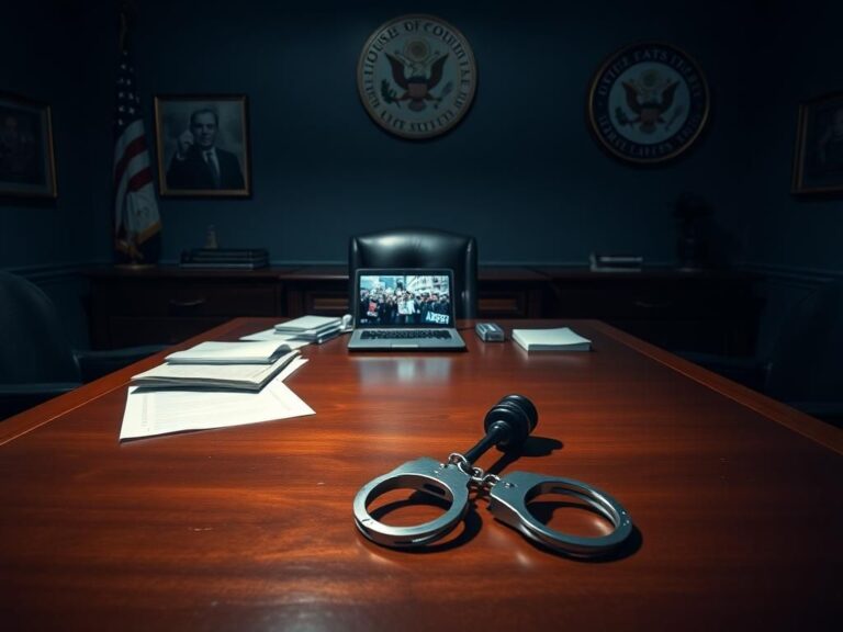 Flick International Dimly lit congressional office with handcuffs symbolizing recent controversy