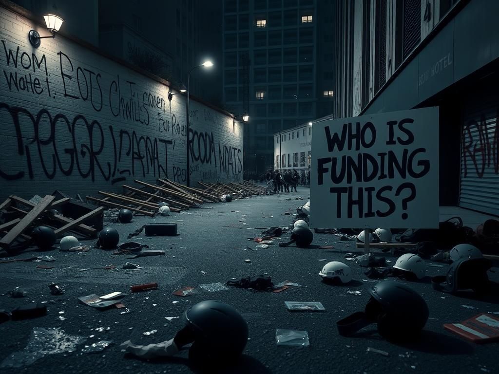 Flick International Chaotic urban street scene showing remnants of a past anti-ICE protest, including broken glass and tactical gear.