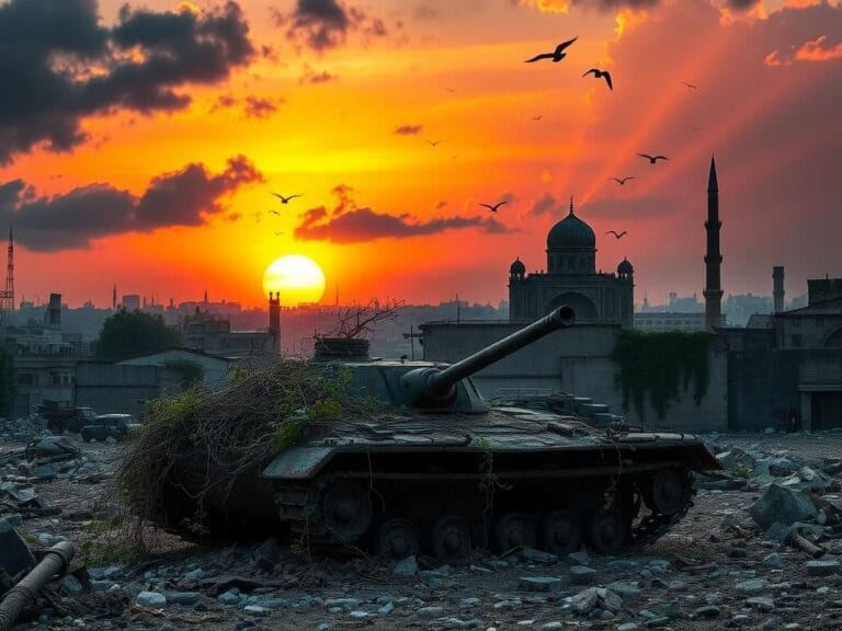 Flick International a dramatic cityscape of post-war Iran with crumbling buildings and a rusted tank