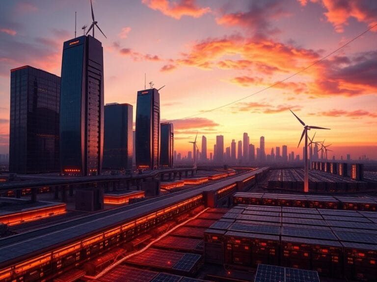 Flick International A futuristic cityscape with solar panels and wind turbines at twilight