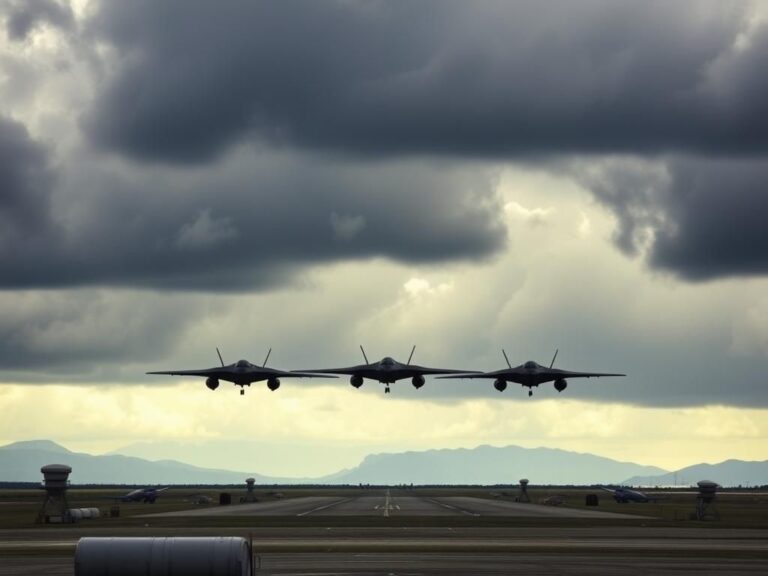 Flick International A panoramic view of six B-2 stealth bombers at an airfield under a dramatic, cloudy sky
