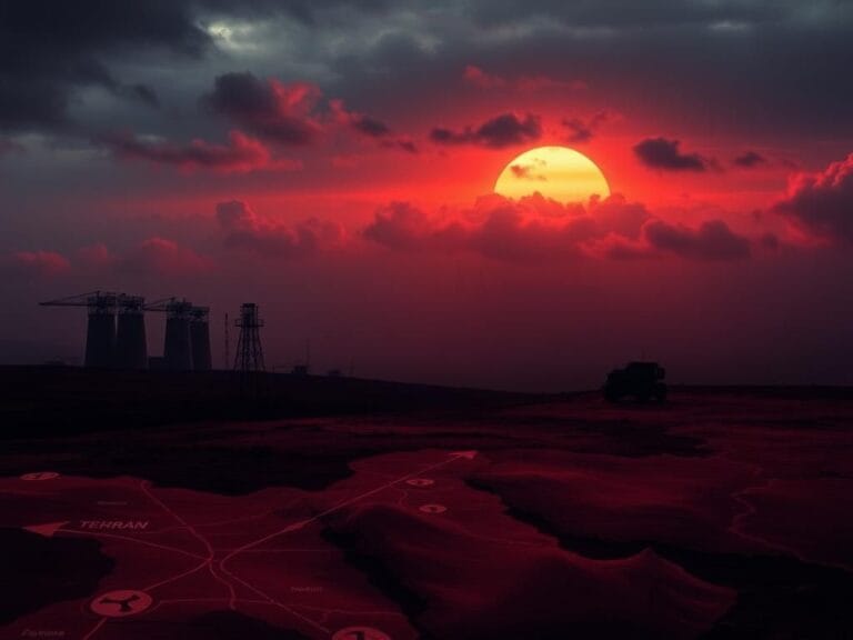 Flick International Dramatic landscape depicting escalating tensions in the Middle East with nuclear sites and conflict zones