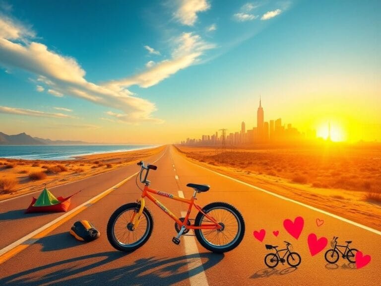 Flick International A vibrant landscape featuring a small BMX bike on an open road symbolizing a coast-to-coast journey.