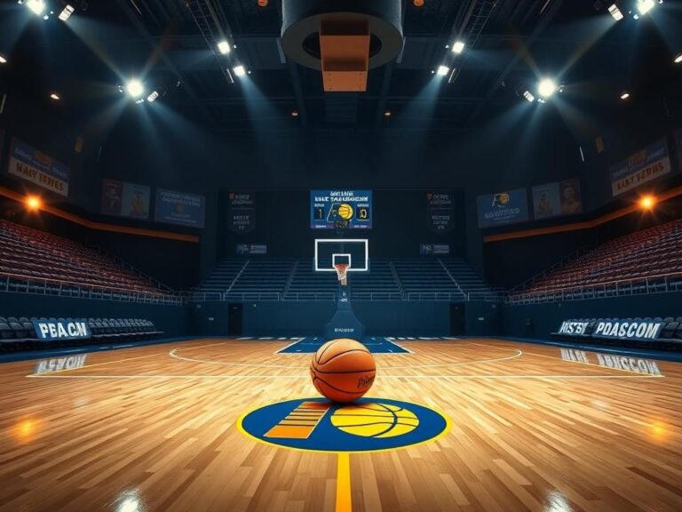 Flick International Dramatic basketball court scene at dusk with Indiana Pacers logo and basketball on center court