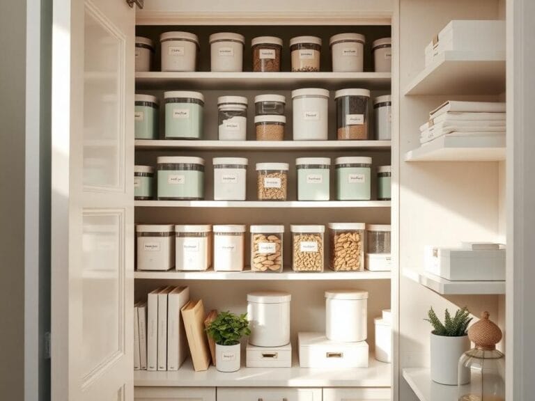 Flick International A well-organized luxury kitchen pantry with neatly labeled storage containers and natural light