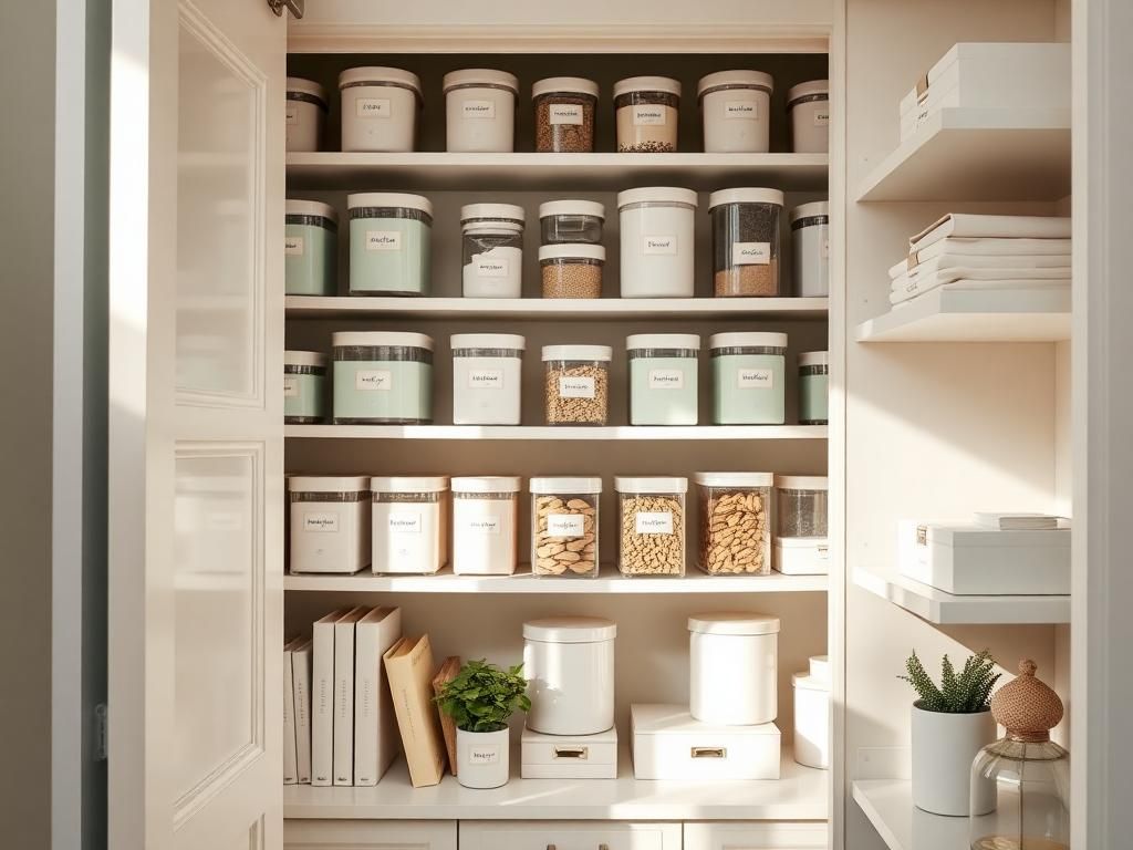Flick International A well-organized luxury kitchen pantry with neatly labeled storage containers and natural light