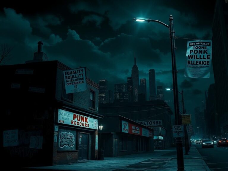 Flick International Dark and moody New York City street scene at night with a punk rock venue