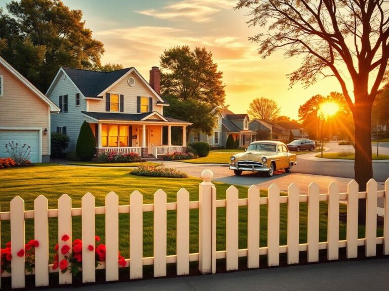 Flick International Nostalgic suburban scene depicting a warm, inviting neighborhood from the 1950s with a vintage car and classic picket fence