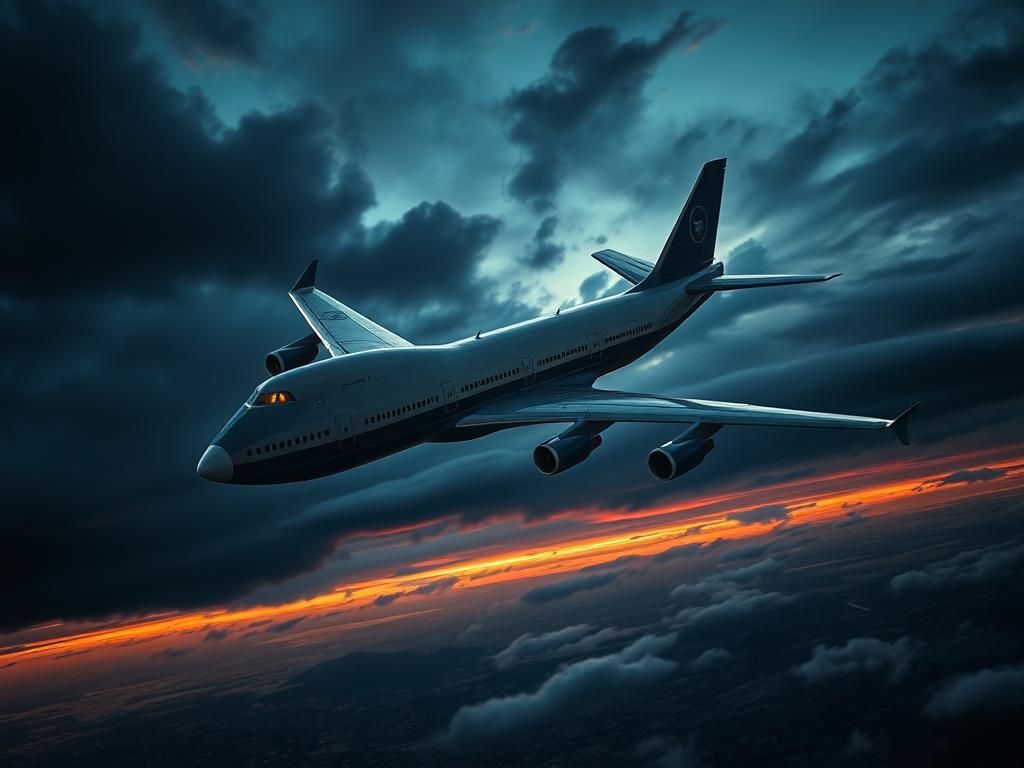 Flick International A Boeing E-4B Nightwatch, the U.S. Air Force's doomsday plane, flying over a twilight sky filled with swirling clouds.
