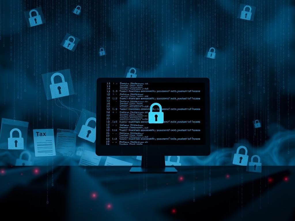 Flick International Dark digital landscape depicting a cyberattack with abstract representation of a computer screen and encrypted data.