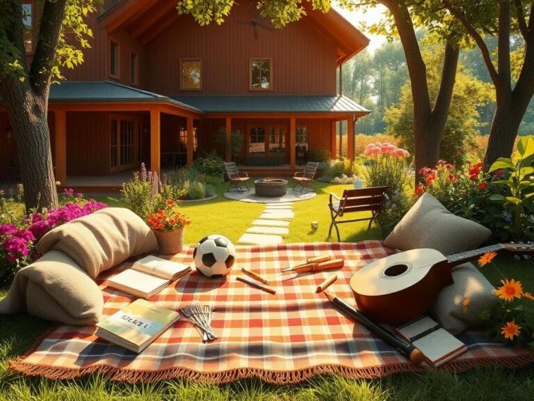 Flick International A cozy family home surrounded by nature, showcasing diverse personality items on a picnic blanket.