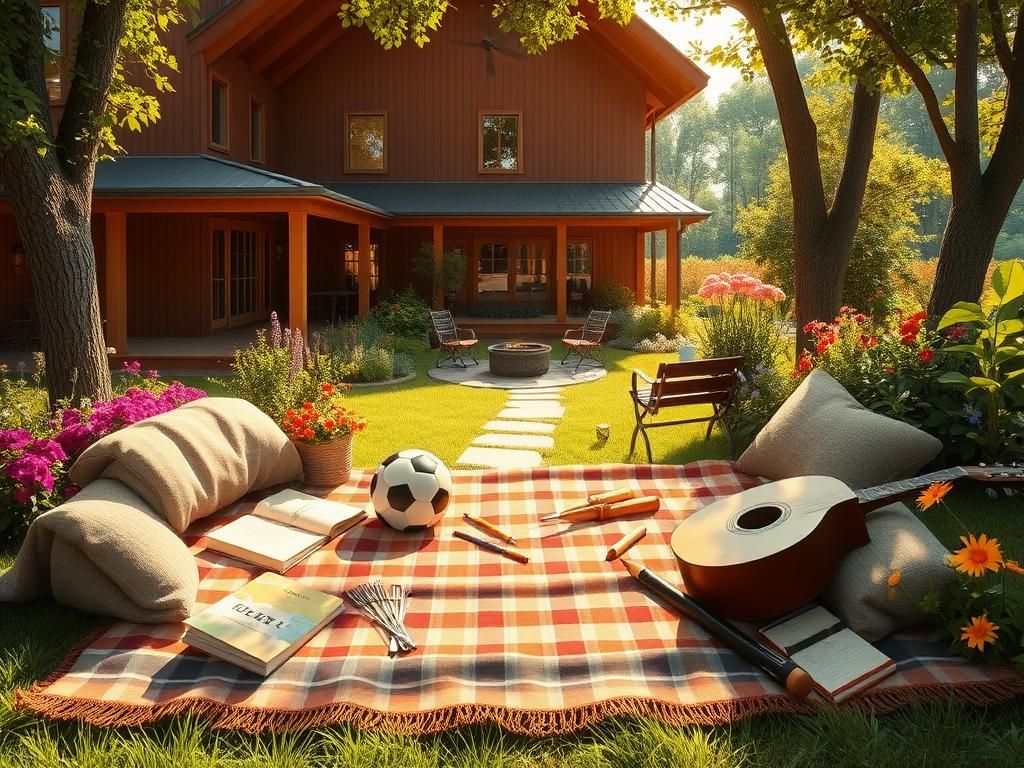 Flick International A cozy family home surrounded by nature, showcasing diverse personality items on a picnic blanket.