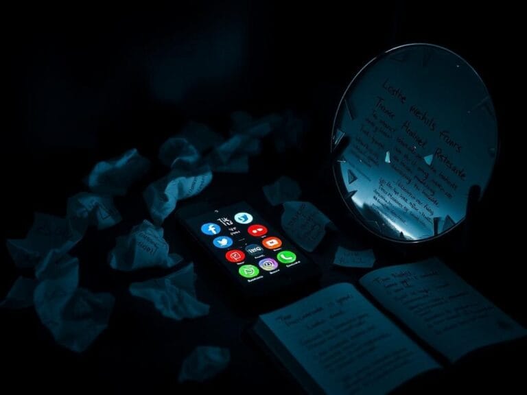 Flick International A dimly lit room with a glowing smartphone screen showing social media icons surrounded by crumpled papers and a shattered mirror