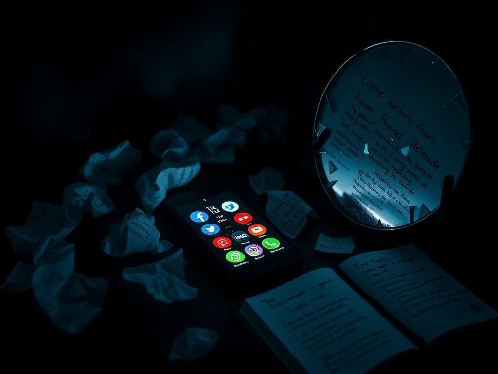 Flick International A dimly lit room with a glowing smartphone screen showing social media icons surrounded by crumpled papers and a shattered mirror